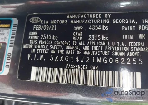 2021 Kia K5 Lxs z USA, uszkodzony, nr VIN 5XXG14J21MG062255